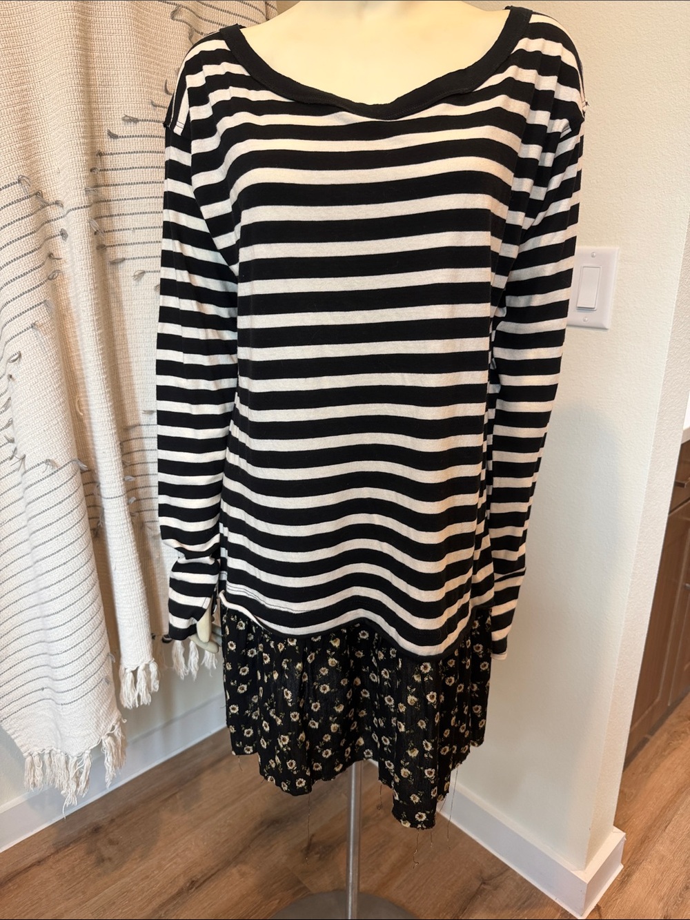 We The Free Black & White Striped Womens Dress with Floral Skirt